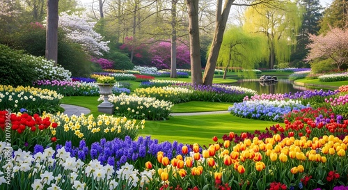Beautiful botanical garden with colorful tulips and daffodils surrounding a calm lake during spring time.