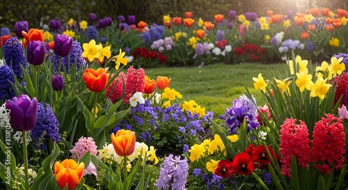 Vibrant garden full of colorful pansies and red tulips blooming in sunlight with soft bokeh backdrop.