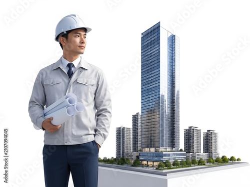 Professional architect with blueprints near modern skyscraper design
