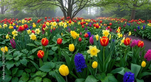 Colorful Spring Flower Garden with Blooming Tulips and Daffodils.