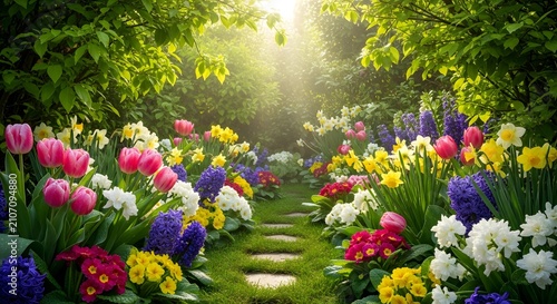 Enchanted garden path lined with vibrant spring flowers under morning sunlight through green tree canopy.