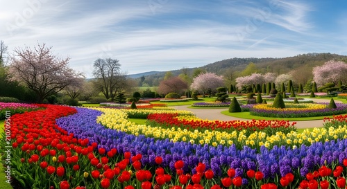 Panoramic view of colorful tulip fields and rolling hills under blue sky in vast public spring garden.