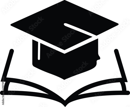 Graduation Cap on Open Book Icon Black Silhouette Education Vector
