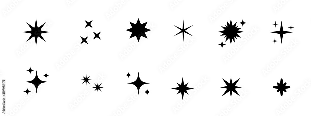 Set of original star sparkle shapes. Abstract shine effect vector sign. Retro futuristic bright vector icons collection. Glowing light effect, twinkle templates stars and bursts, shiny flash.