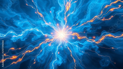 Brilliant blue energy explosion with orange lightning streaks electric power