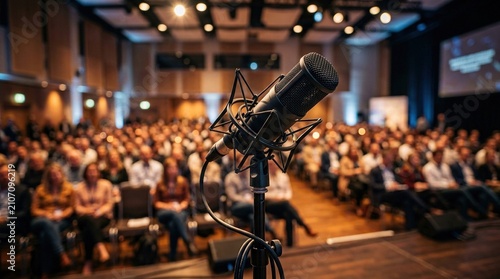 Professional microphone on stand in center of blurred large conference hall during event with audience seated in chairs for presentation or public speech recording.