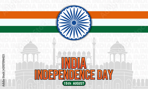 Konstfotografi India Independence Day banner featuring a blue Ashoka Chakra above horizontal saffron, white, and green stripes with a gray Red Fort illustration on a patterned background