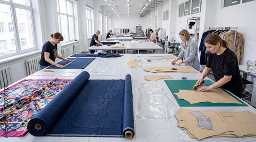 Cut fabrics according to patterns at a clothing factory. Female sewing factory workers work in a spacious textile workshop