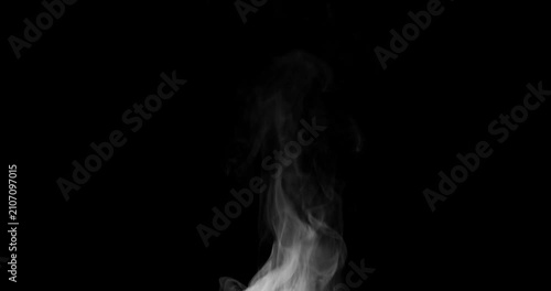 Hot white steam from coffee or food rising slowly on black background. Realistic smoke curls or vapor mist flowing smoothly upward. Abstract slow motion texture overlay for video edit.