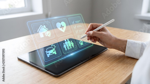 Person using stylus on tablet with glowing holographic insurance icons and digital checklist, Insurtech concept showing health, home, car, and family insurance icons on floating digital screen.