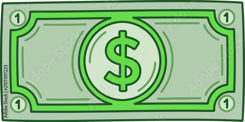 Foto Cartoon illustration of a green dollar bill with a dollar sign isolated on white