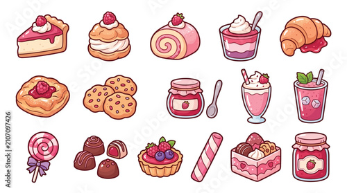 Bild auf Leinwand A delightful collection of sweet treats, including cakes, pastries, cookies, candies, and jams, presented in a vibrant, cartoonish style