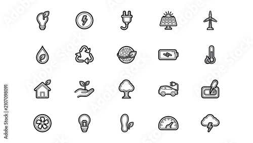 Collection of minimal line icons representing renewable energy sources sustainable living and eco friendly technology concepts