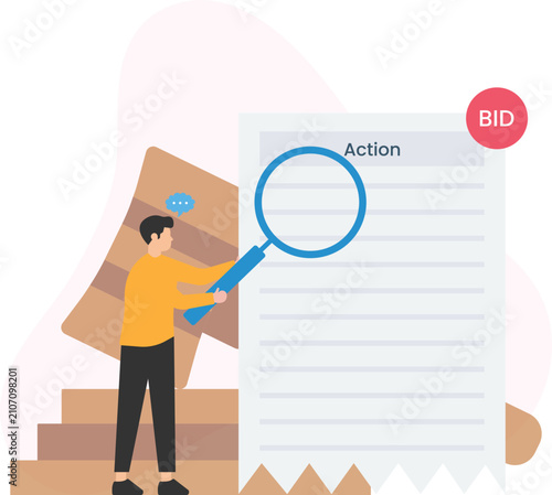 Man analyzing auction document with magnifying glass for online bidding business research contract review financial analysis and investment opportunity