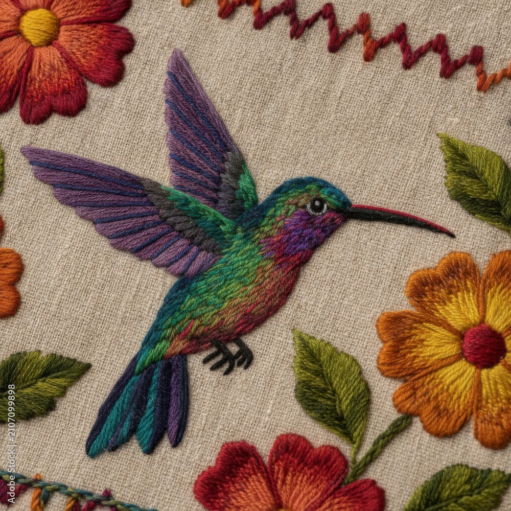 Fototapeta premium Colorful embroidered hummingbird surrounded by floral patterns