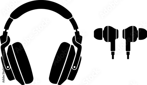 Foto Silhouette of headphones and earbuds in black design illustrating audio equipmen