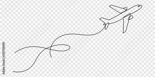 Continuous one line drawing of a passenger airplane flying in the sky leaving a wavy smoke trail behind it, Continuous one line drawing of a passenger airplane flying in the sky, Airplane flying in 
