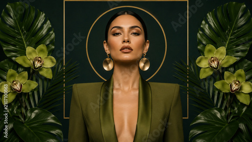 Luxury beauty portrait of a woman in an olive blazer framed by tropical leaves and orchids. Ideal for fashion, cosmetics, fragrance, editorial, branding and advertising use.