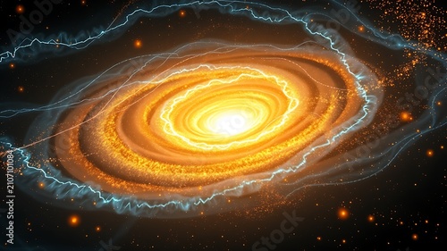 Swirling cosmic vortex with bright yellow and orange hues and electric blue streaks galaxy space
