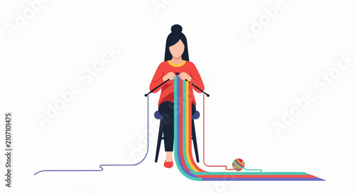 Woman Knitting Long Colorful Rainbow Scarf Illustration, Flat Vector Character Concept for Hobby, Pride, Handmade Craft, and DIY Textile Art