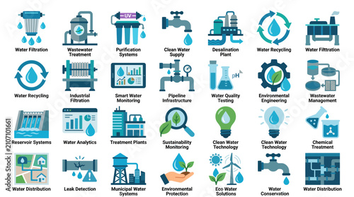 Water Treatment and Purification Facility Icon Set