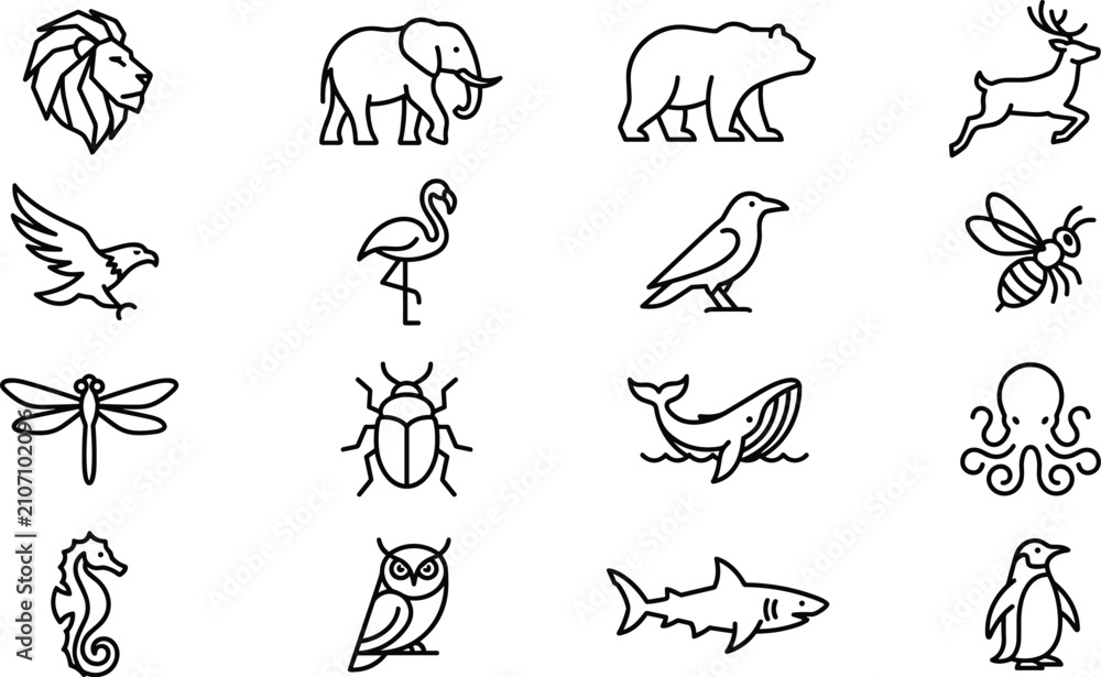 Obraz premium Wild Animals and Nature Wildlife Line Icon Set with Mammals Birds Insects Marine Creatures and Geometric Safari Fauna Outline Symbols for Brand Logo Design