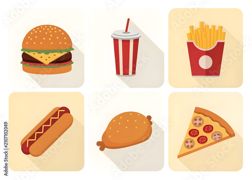 Assorted fast food items presented in a flat design style with long shadows isolated on transparent background