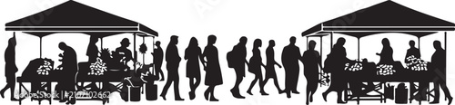 Black silhouettes of people walking and sitting under tents