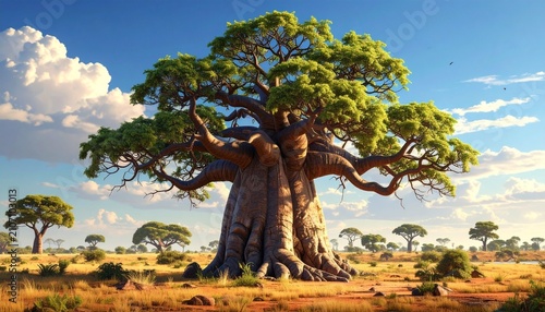 Majestic Baobab Tree Standing Tall in the African Savannah Landscape.