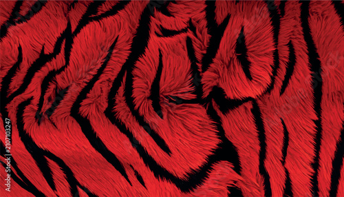 Photos A vibrant red and black faux fur fabric with a tiger stripe pattern texture, capturing a bold, wild animal aesthetic suitable for luxury fashion, creative backgrounds, or festive party design