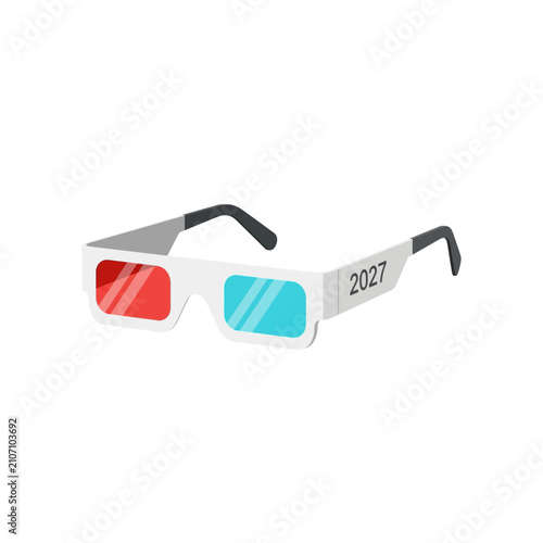 Foto White frame 3D anaglyph glasses with red and blue lenses featuring the year 2027