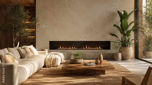 Warm minimalist living room with a linear fireplace, neutral furniture, and natural sunlight.
