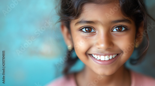 Girl with cleft lip scar smiles confidently in front of blue wall during a sunny day outdoors