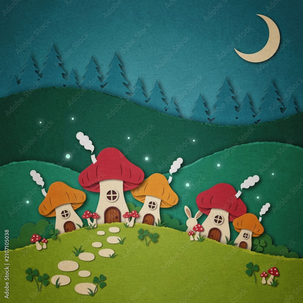 Naklejka premium Whimsical mushroom house village under full moon at night. Cozy fantasy landscape with glowing toadstool cottages and magical forest setting.