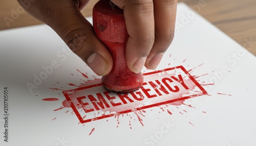 Emergency Stamp on Paper: A hand holds a red stamp, pressing down to mark EMERGENCY in bold red letters onto a white piece of paper, with ink splattering outward.