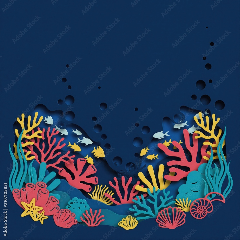 Fototapeta premium Paper cut coral reef background. Underwater ocean life with colorful sea plants and fish.