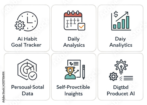 Business icons for analytics goals and data tracking with a clean modern flat design style isolated on transparent background