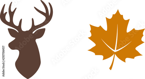 Konstfotografi Silhouette of deer head with antlers and autumn maple leaf illustration in brown