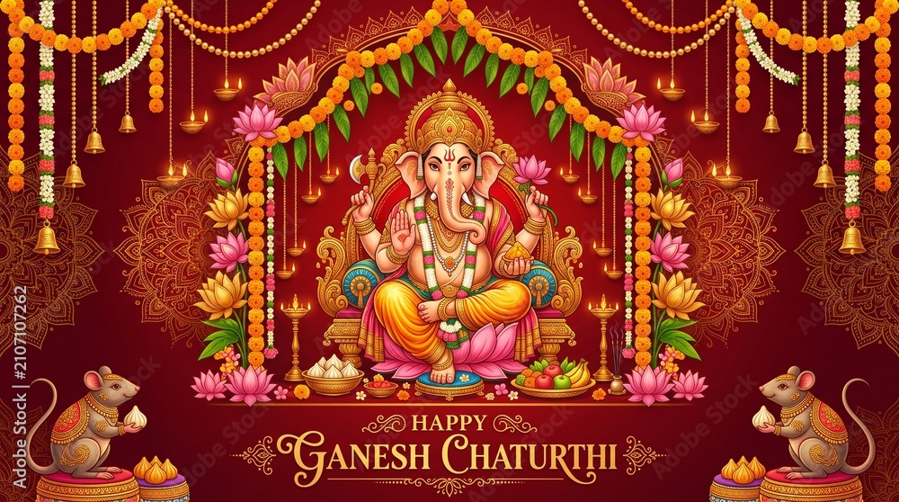 Fototapeta premium Festival of Ganesh Chaturthi with golden shiny Lord Ganesha patterned and crystals on paper color Background.