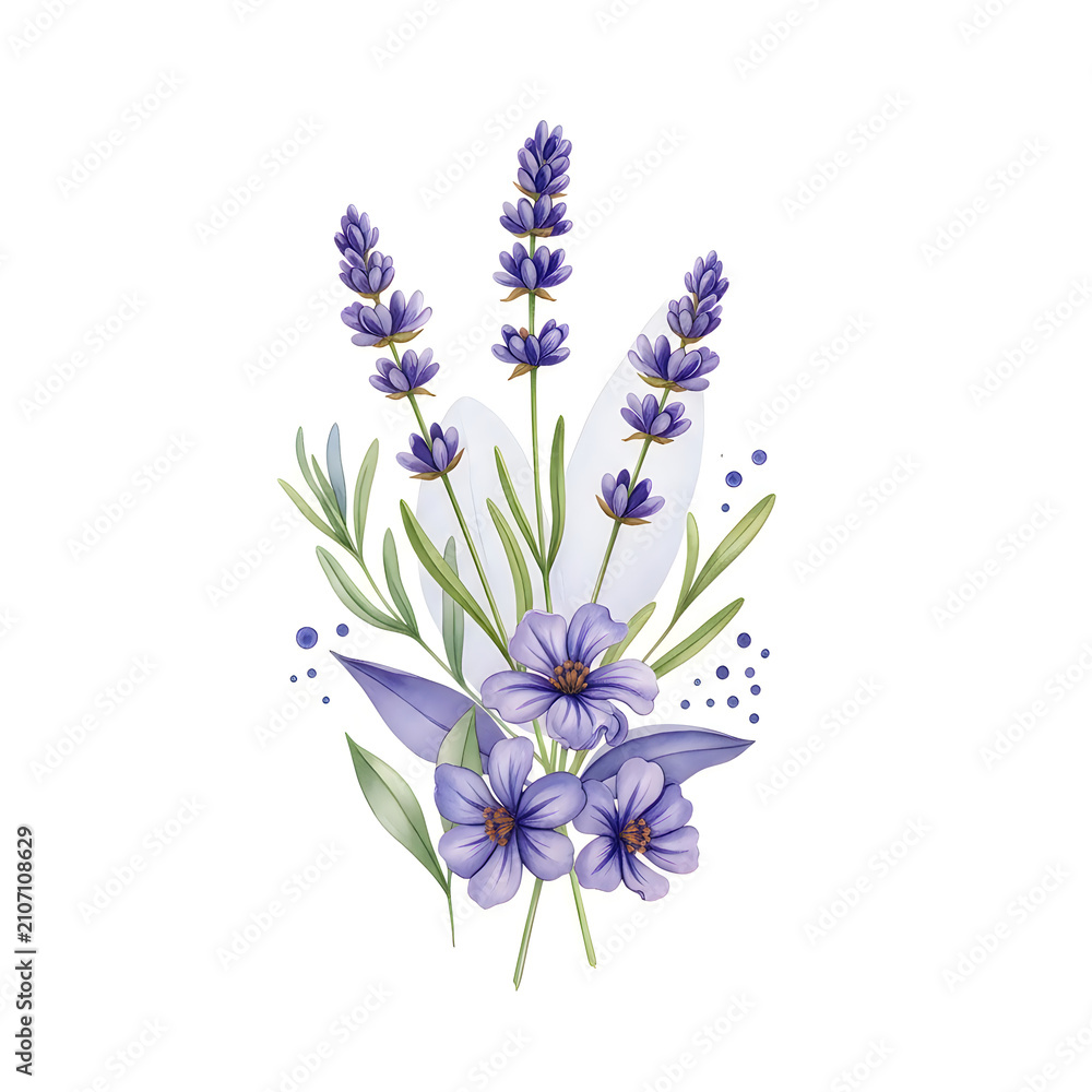 Obraz premium Watercolor lavender flowers and leaves bouquet illustration