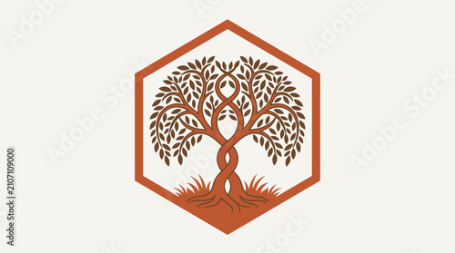 Symbolic abstract tree of life with intertwined branches within a hexagon frame, representing growth and nature's interconnectedness