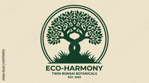Stylized botanical logo design featuring two graceful acacia trees framed within a circular emblem, symbolizing nature, growth, and organic purity for modern brands