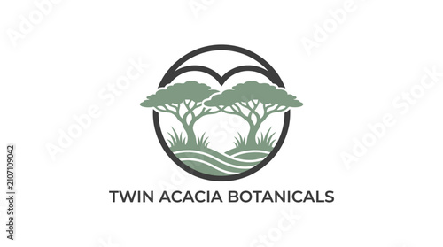 Stylized botanical logo design featuring two graceful acacia trees within a serene circular frame, evoking a sense of natural beauty and organic essence suitable for a brand identity