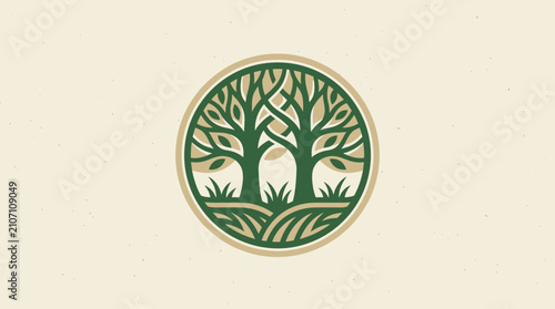 Elegant circular emblem depicting two interconnected trees with flowing branches and sturdy roots, embodying natural growth, unity, and environmental preservation