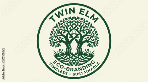Vintage-inspired twin tree emblem design featuring intricate roots and verdant leaves, symbolizing sustainable eco-branding and natural growth concepts