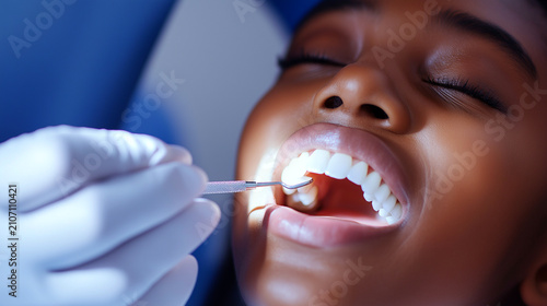 Close-up view of Afro-American teen receiving dental care in clinic during afternoon appointment