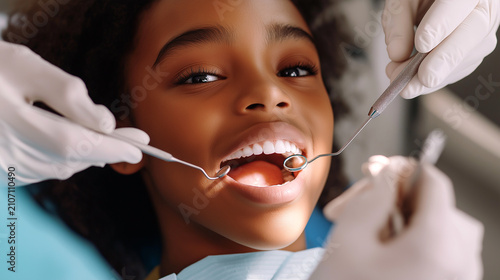 Close-up of Afro-American teenager smiling during dental procedure in clinic with dental tools in use