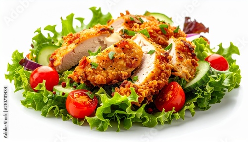 healthy green salad plate with crispy breaded chicken cutlet