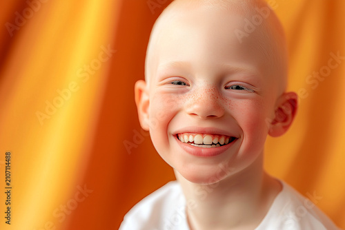 Albino boy with missing front teeth smiles brightly in macro portrait against a colorful background