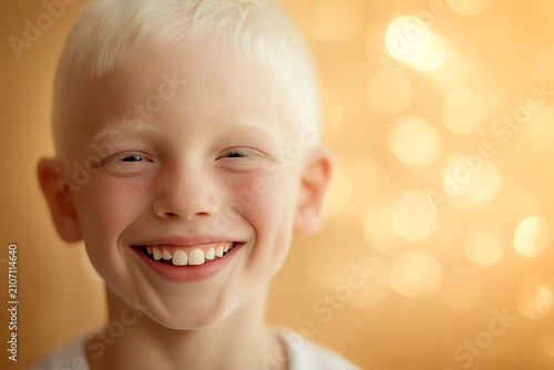 Portrait of an albino boy smiling with missing front teeth against a golden background